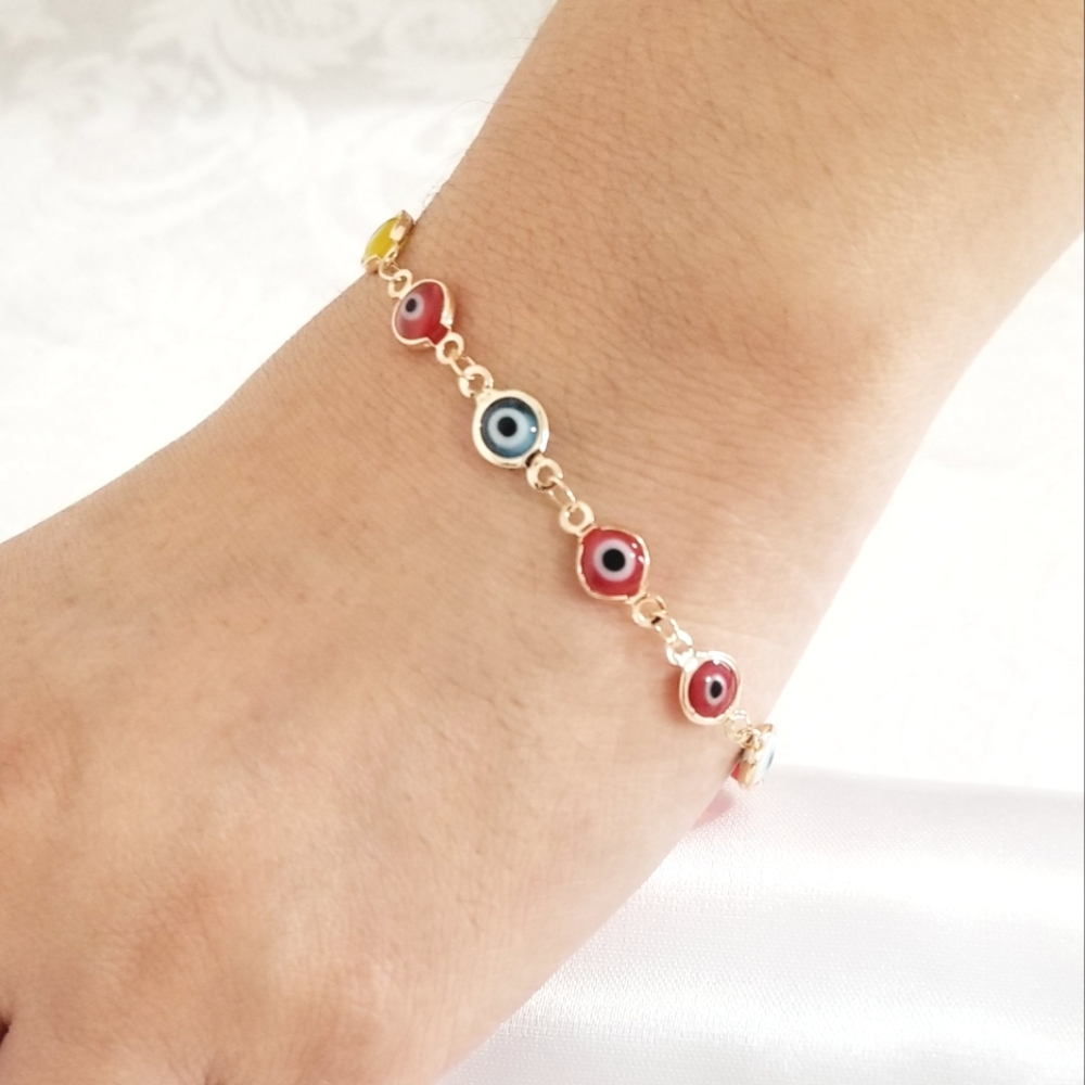 Multicolor Evil Eye Women's Protection Bracelet. 14K Gold Plated.  New